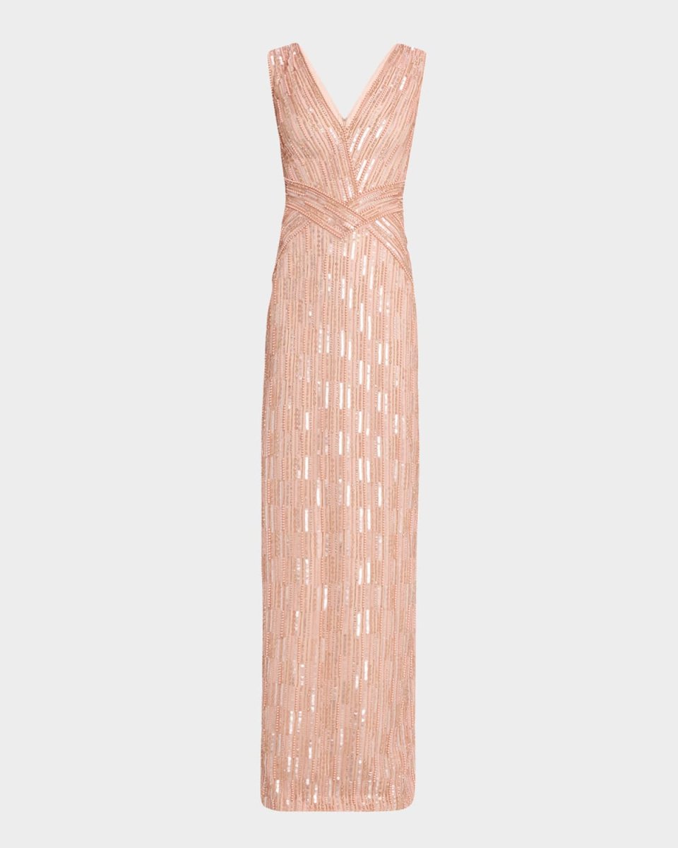 Column Bead Sequined Tulle Gown